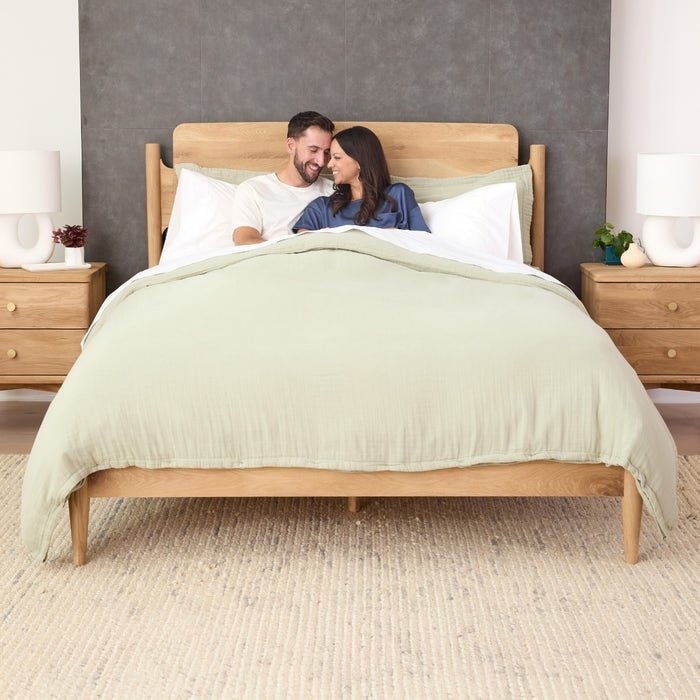 Light Oak Bed Frame Slatted Headboard Organic Modern Linen Texture