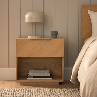 Light Oak Bedside Table Storage with Open Cubby and Drawer