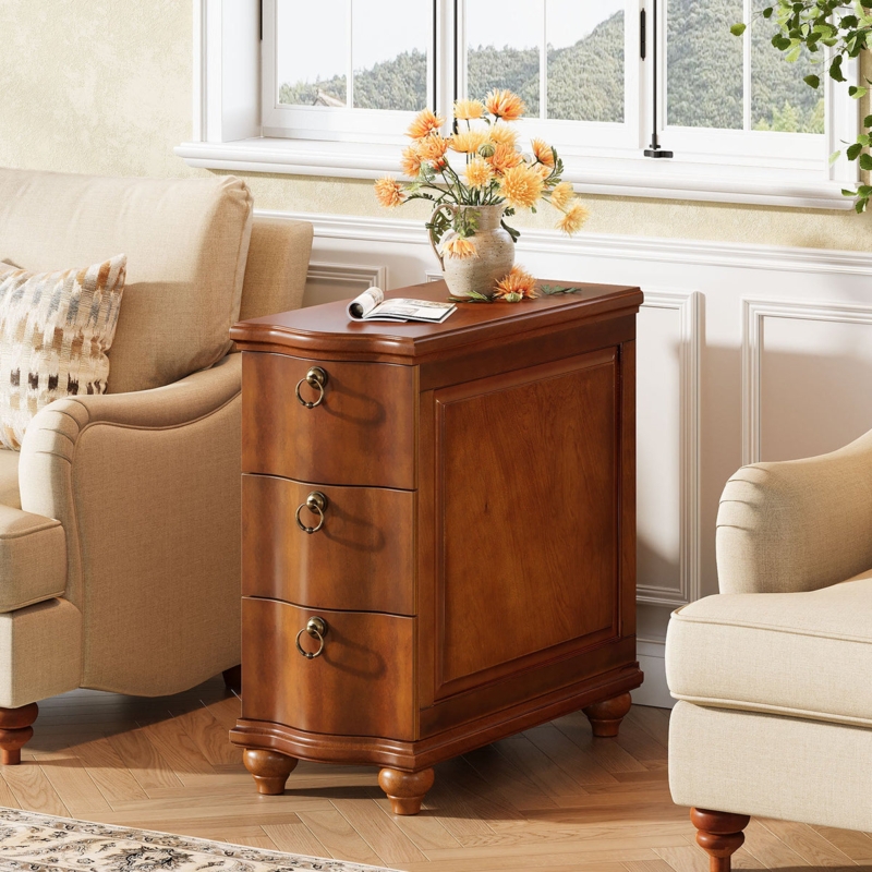 Light Oak Nightstand Cutout Handles Three Drawers Scandinavian Style