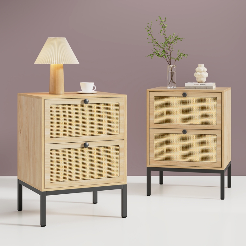 Light Oak Nightstand with Cane Drawers and Brushed Gold Knobs