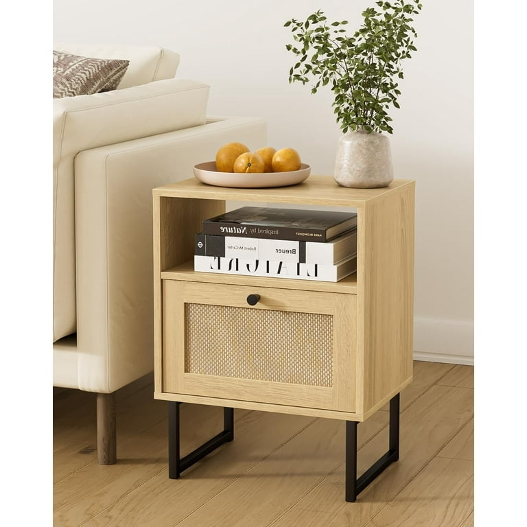 Light Oak Nightstand with Woven Rattan Drawer & Shelf