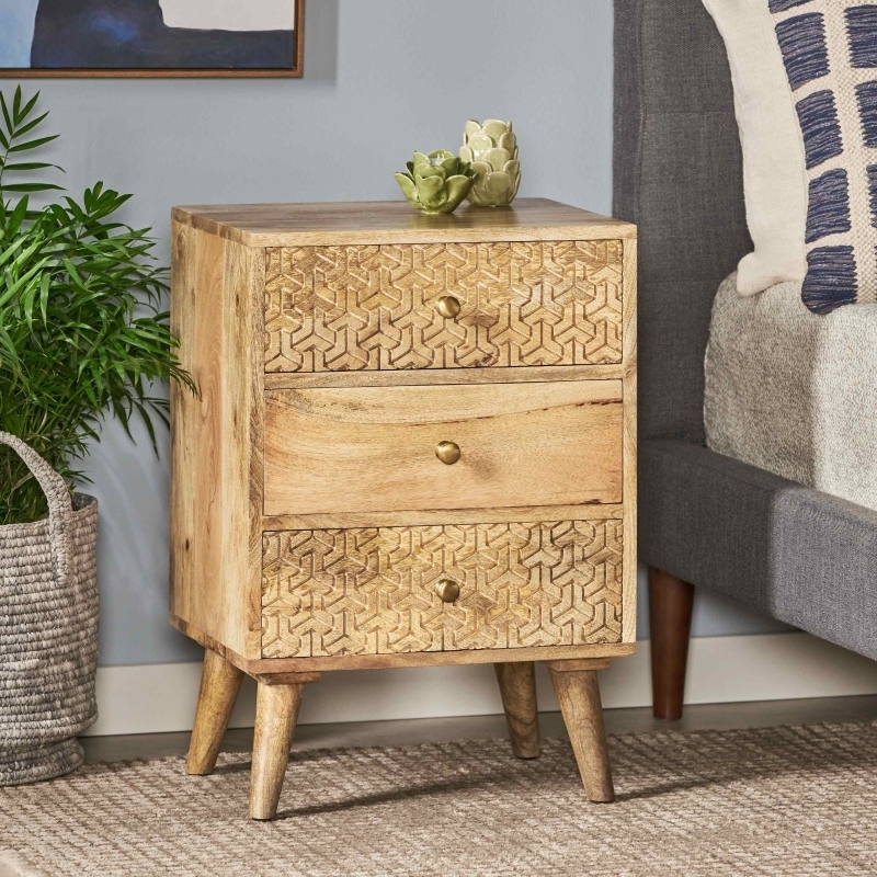 Light Wood Nightstand: 3-Drawer Carved Diamond Geometric Pattern