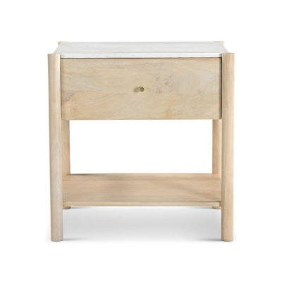 Light Wood Nightstand Mid-Century Modern with Open Shelf and Drawer