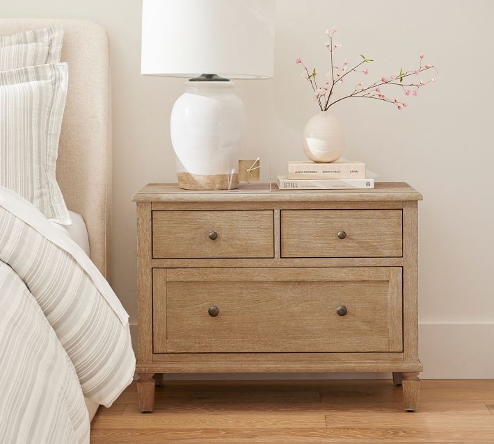 Light Wood Nightstand Slim Hardware Three Drawers Coastal