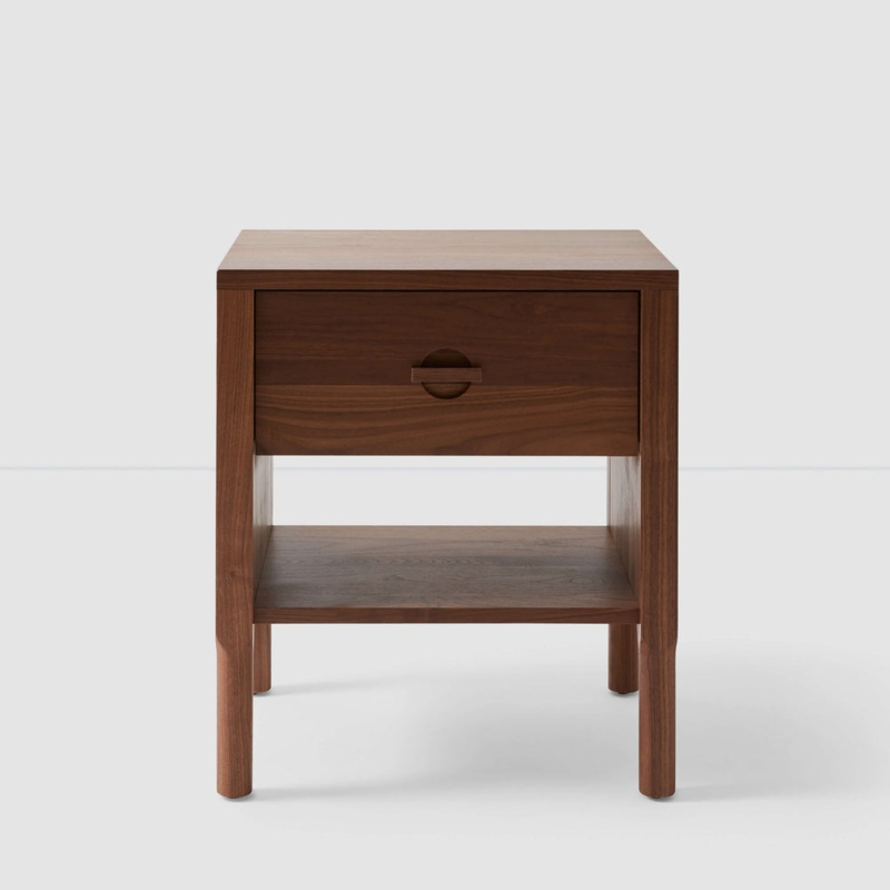 Light Wood Nightstand with Circular Pulls, Scandinavian Bedside Table