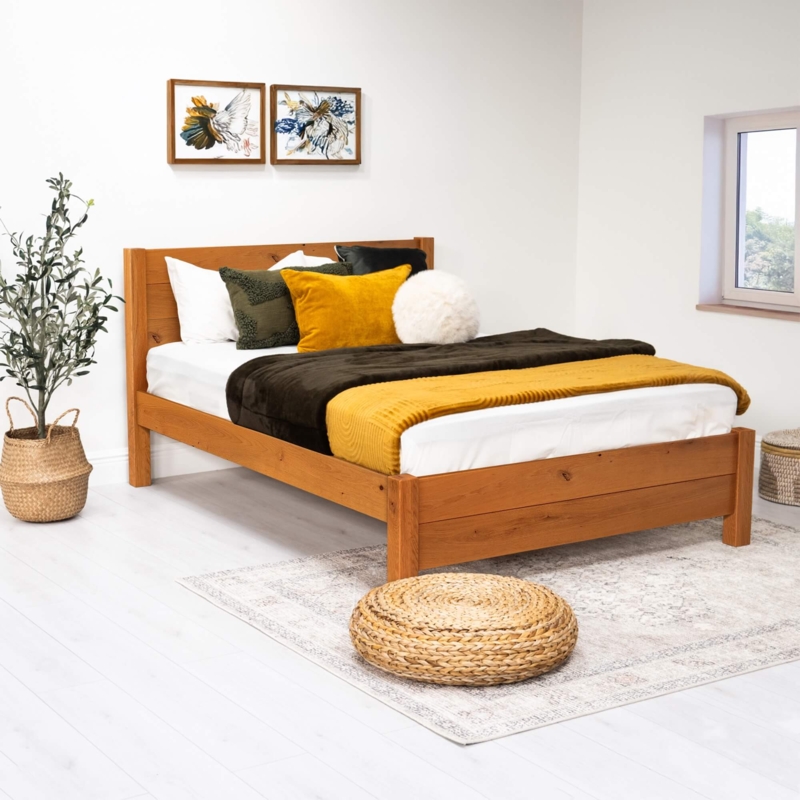 Light Wood Platform Bed with Solid Rectangular Headboard