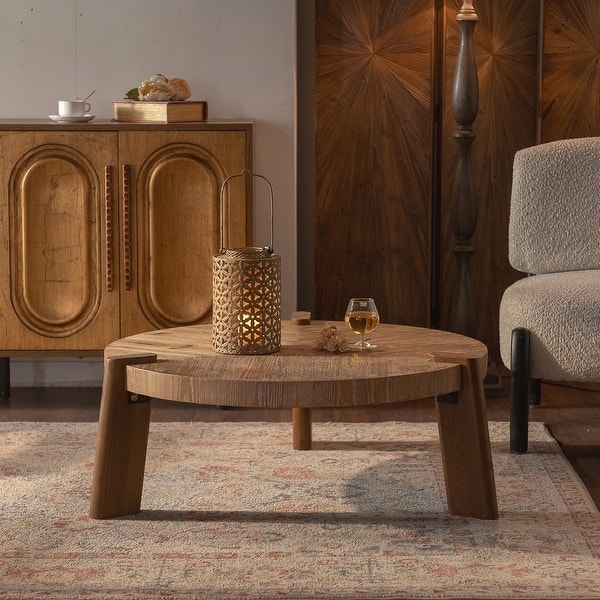 Light Wood Round Coffee Table with Simple Tripod Base