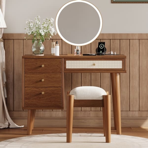 Light Wood Vanity Set with Rattan Drawer Front and Round Mirror
