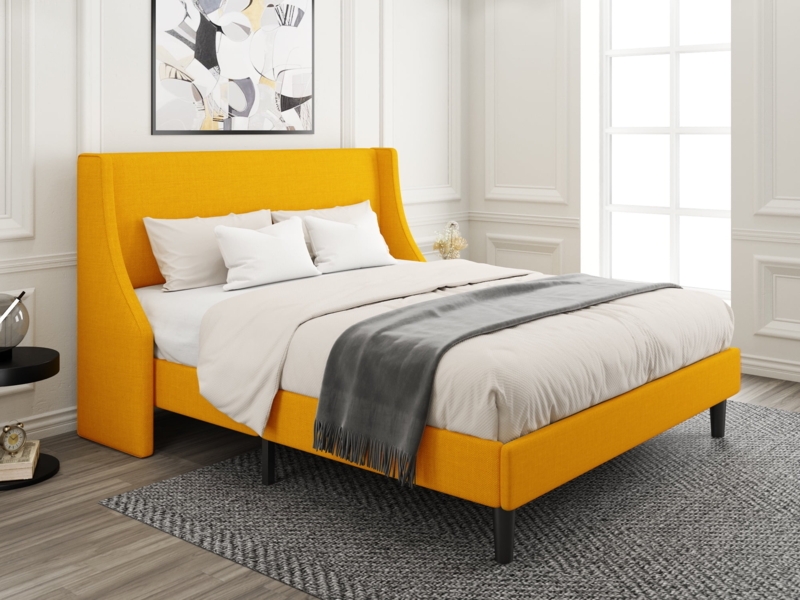 Light Yellow Platform Bed with Channel Tufted Wingback