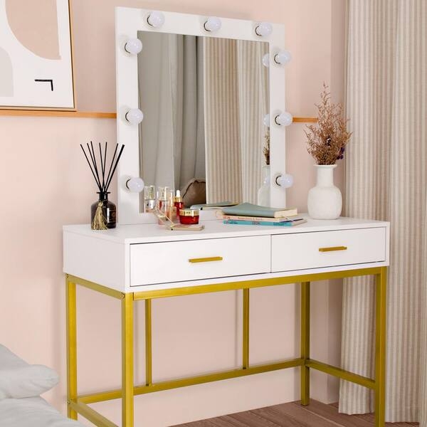 Lighted Makeup Vanity Mirror with Nine Bulbs and Gold Toned Frame