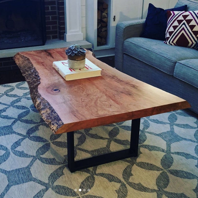 Live Edge Wood Coffee Table with Geometric U-Shaped Metal Legs