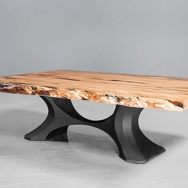 Live-Edge Wood Coffee Table with Sculptural Black Metal Ribbon Base