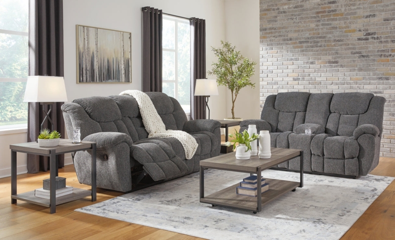 Living Room Set Manual Reclining Sofa and Loveseat with Storage Console