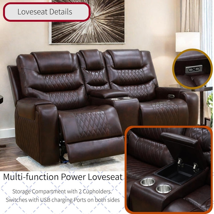 Living Room Set Wine Red Leather-Like LED Base Lighting Power Reclining