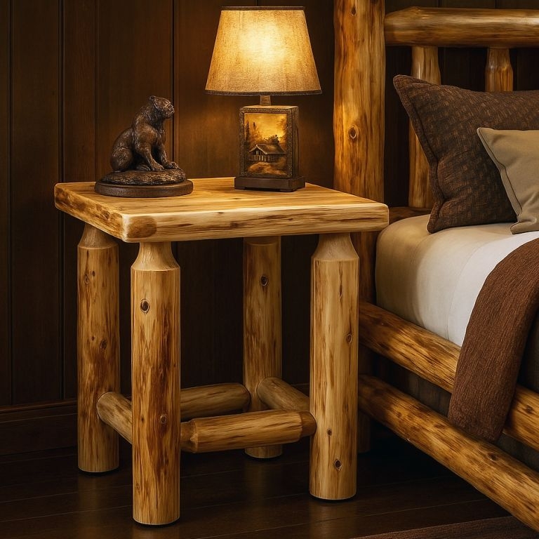 Lodge Nightstand made of Hand-Peeled Logs with Branch Pull.