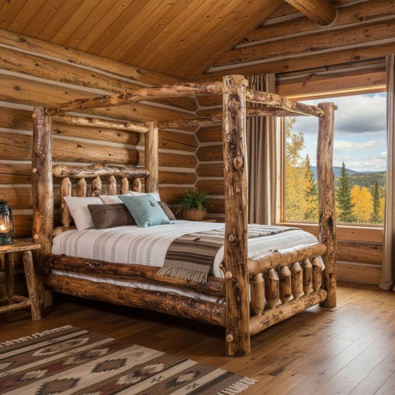 Lodge Style Canopy Bed Frame Natural Aspen Log with Bark Finish
