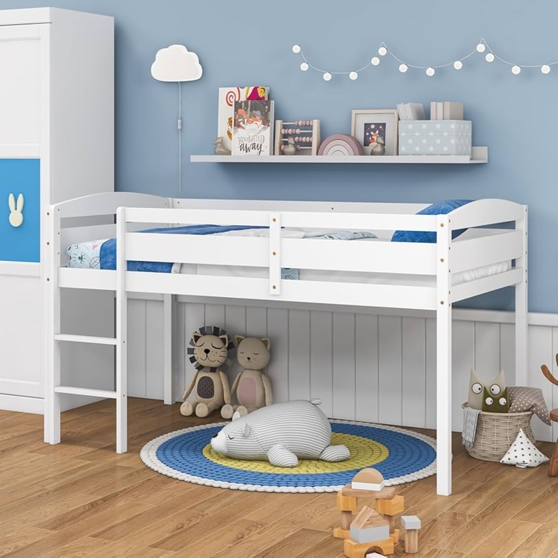 Loft Bed White Low Profile Clearance with Integrated Ladder