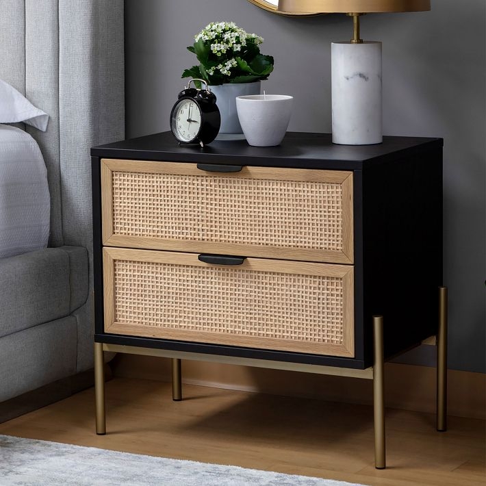 Lofted Base Nightstand Slender Legs Mid-Century Modern Rattan