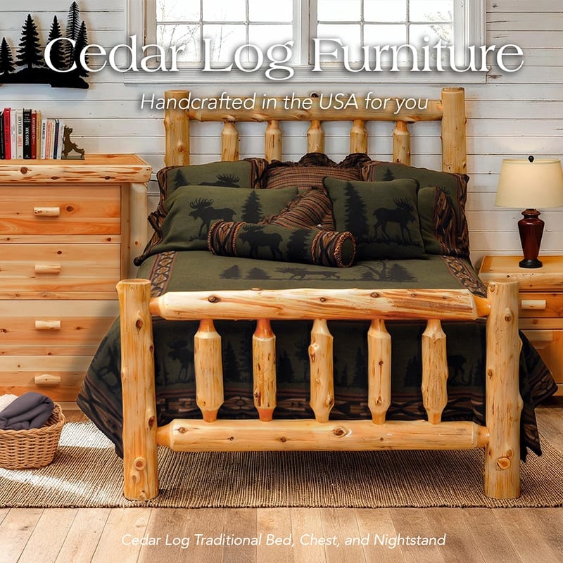 Log Bed Frame Rustic Cedar Log Spindle Design Exposed Knots Honey