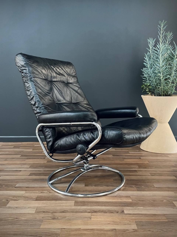 Lounge Chair Set Black Ergonomic Chrome Swivel Base Ottoman