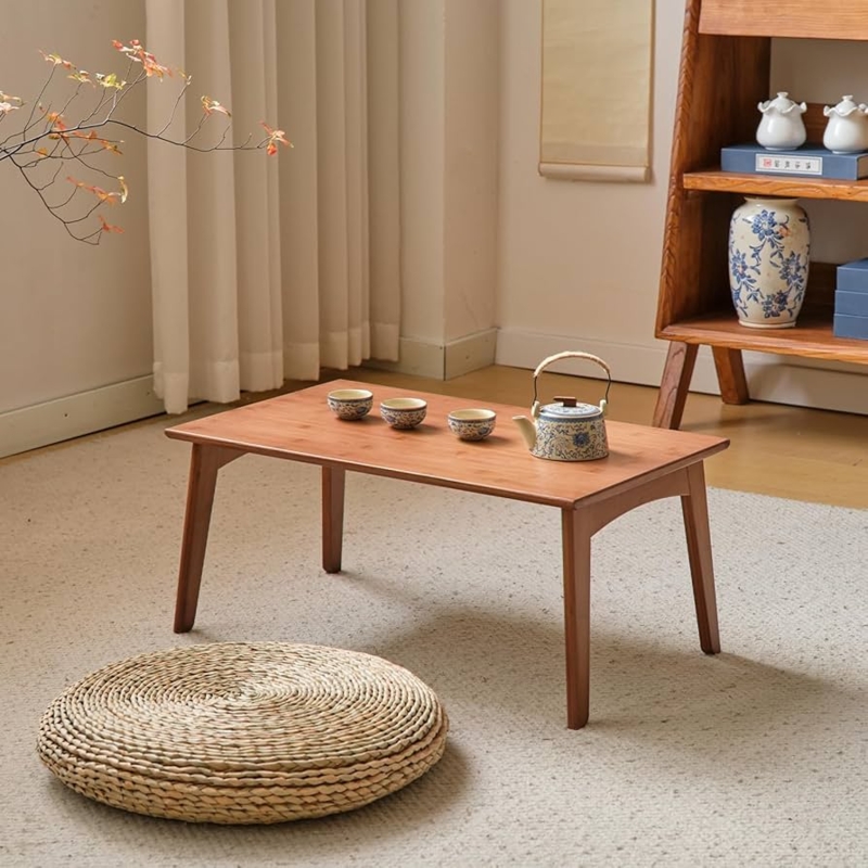Low Floor Coffee Table with Folding Legs and Slatted Shelf, Walnut Tone