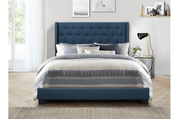 Low Profile Bed Upholstered Grey Tapered Legs Mid Century Modern