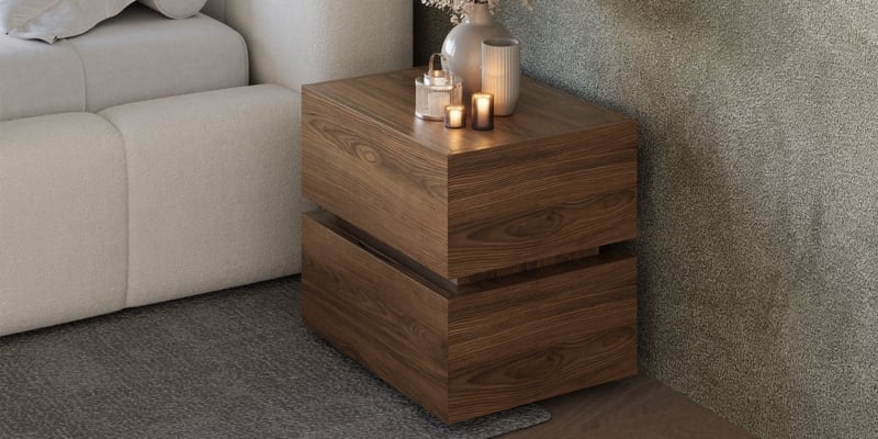 Low Profile Bedside Table Storage Nightstand Pedestal Base Two-Tone