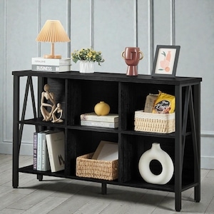 Low Profile Bookcase 6-Compartment Horizontal Wood Storage