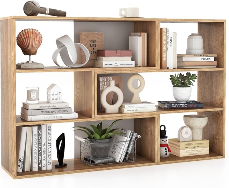 Low Profile Bookcase in White Finish with Six Cube Storage Layout