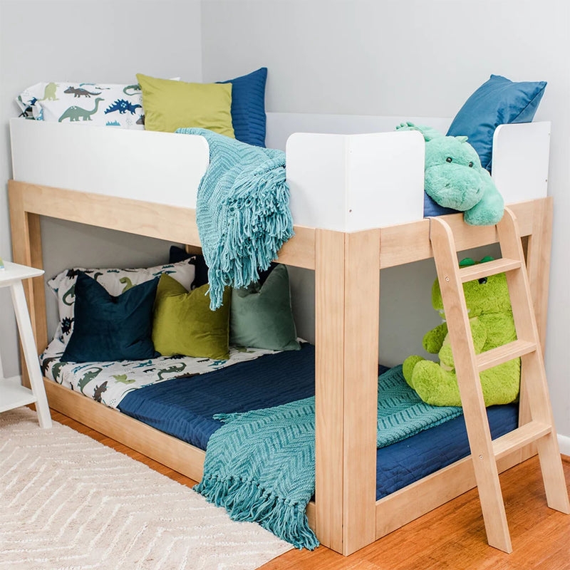 Low Profile Bunk Bed with Tapered Walnut Legs and Angled Ladder