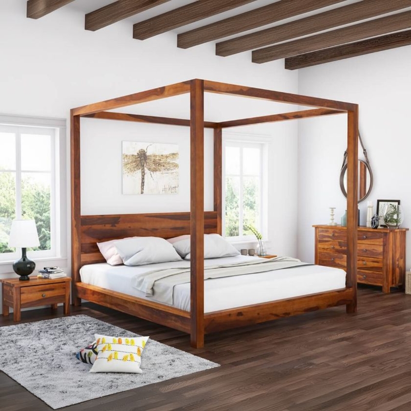 Low Profile Canopy Bed Warm Wood Tones Contemporary Rustic Design