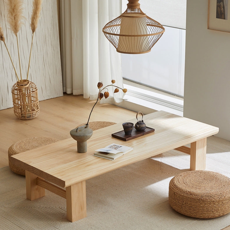 Low-Profile Dark Wood Coffee Table with Block Legs, Japandi Style