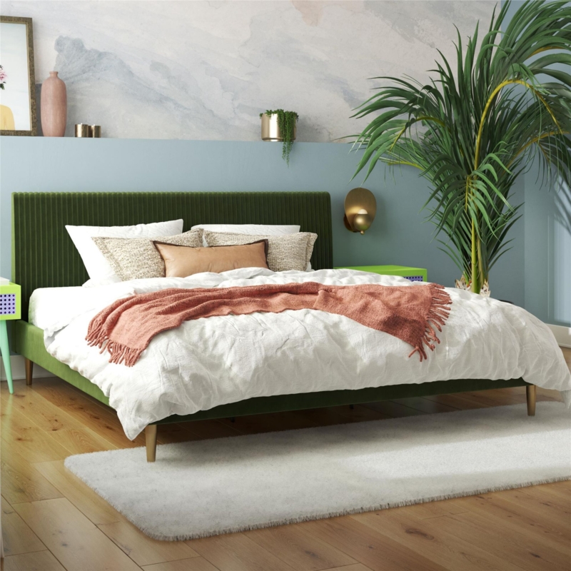 Low Profile Olive Green Upholstered Bed with Rounded Headboard