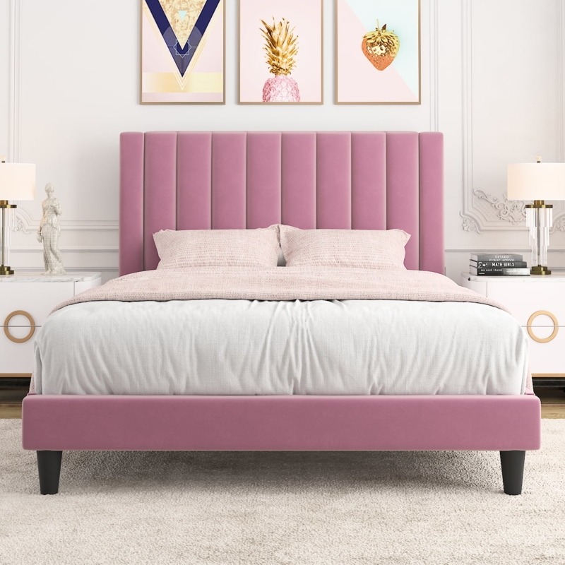 Low Profile Platform Bed, Blush Pink Velvet Vertical Channel Tufted Legs