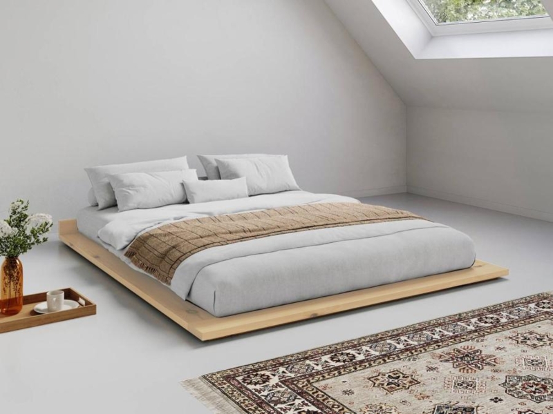 Low Profile Platform Bed Frame for Sloped Ceilings, Natural Wood