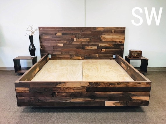 Low Profile Platform Bed with Walnut Toned Finish Mid Century Style