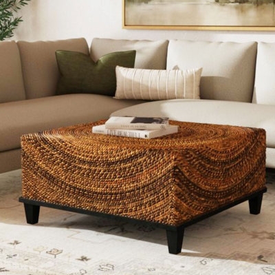 Low Profile Slatted Drum Coffee Table in Natural Wood Finish
