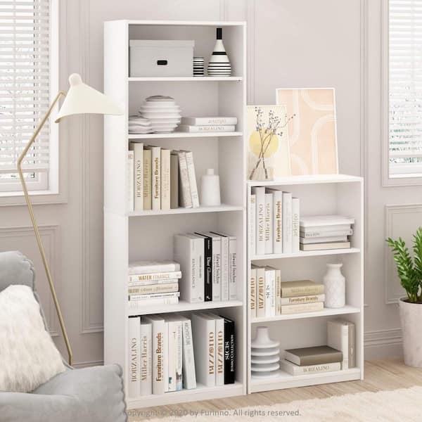 Low Profile Three-Tier White Bookcase with Adjustable Shelving