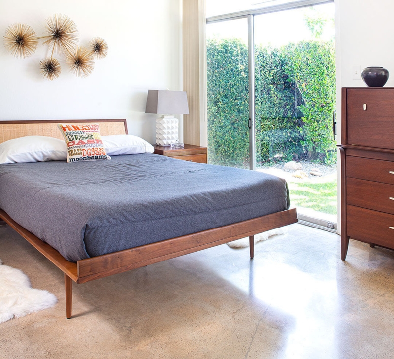 Low Profile Wooden Bed Frame with Spindle Headboard and Tapered Legs