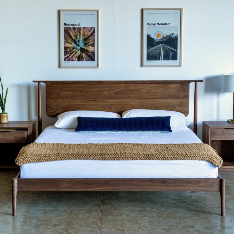 Low Profile Wooden Platform Bed with Slat Headboard