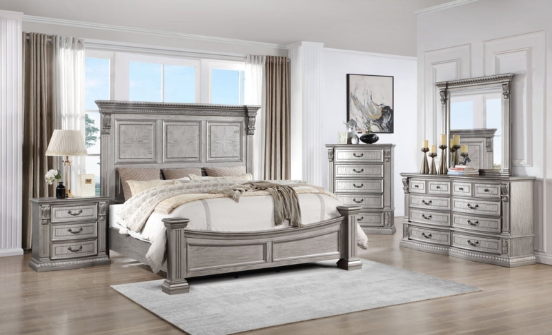 Luxe White Bedroom Set with Mirrored Inlay Borders & Tall Tufted Headboard