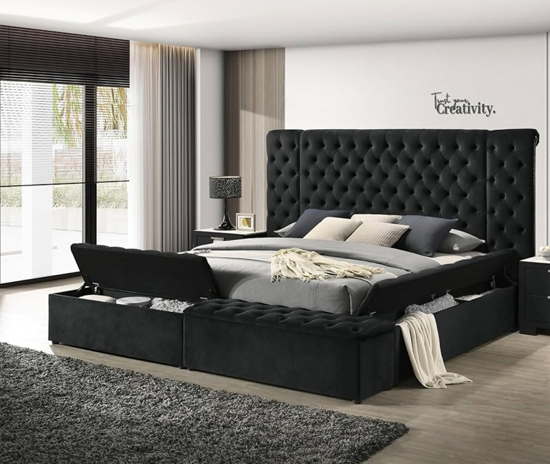 - Luxurious 1pc Glam Tufted Headboard Upholstered Contemporary  Queen Bed Multiple Storage Compartments Wooden Bedroom Furniture Black