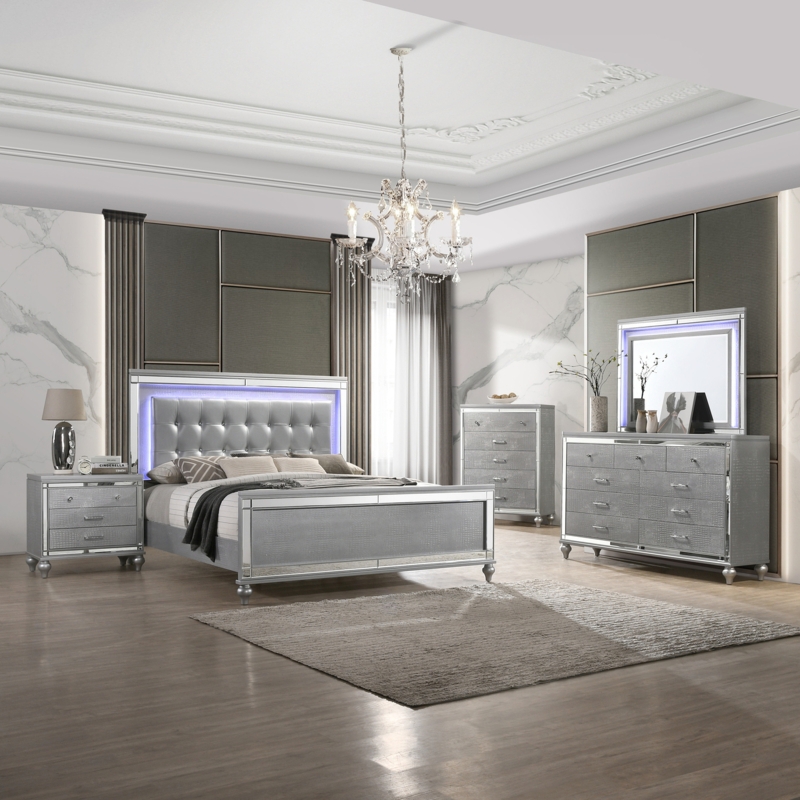 Luxury Bedroom Set with Crystal Hardware and Mirrored Trim