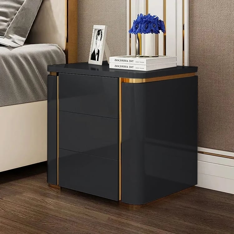 Luxury Glam Nightstand Black and Gold Three Drawers Matte Finish