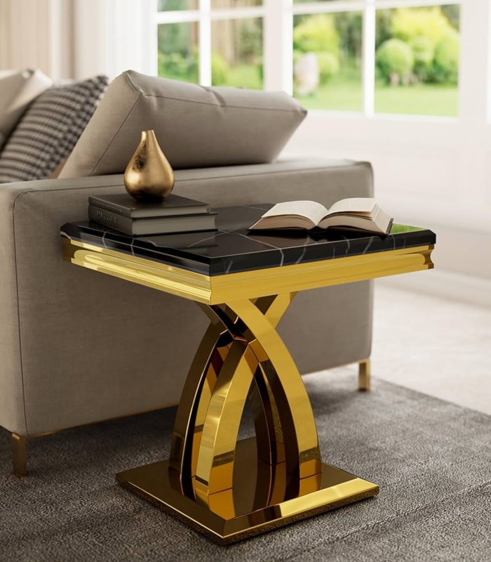 Luxury Glam Square End Table with Black Marbled Top and Gold Double X-Base