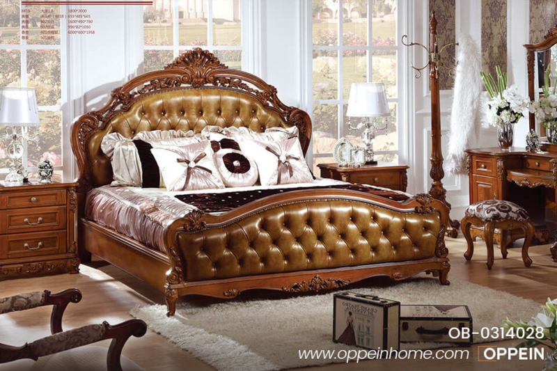 Luxury Standard Bed Intricate Carving, Dark Wood & Tufted Upholstery