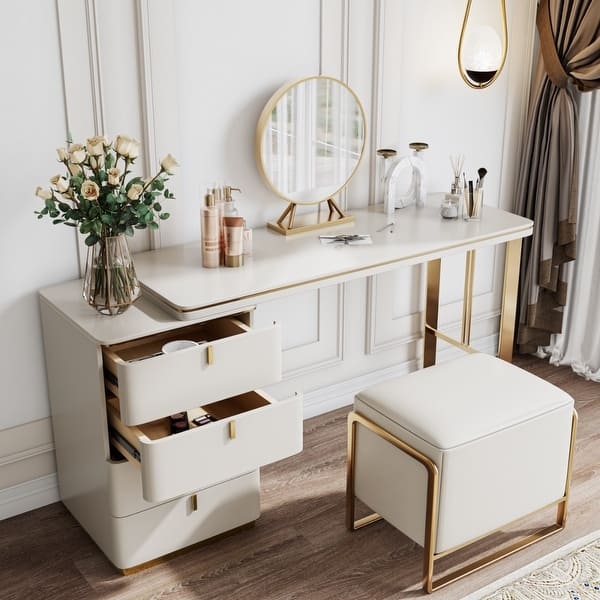 Luxury Stone Top Vanity Desk with Gold Sled Legs & Side Cabinet