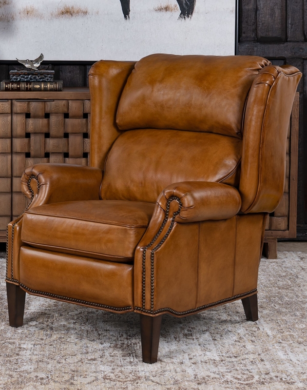 Luxury Western Leather Recliner Tan Wingback with Nailhead Trim