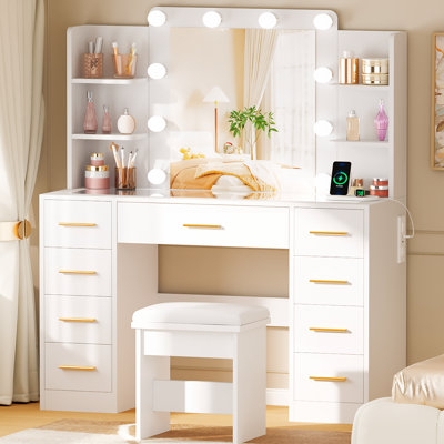 Makeup Station with Glass Top and Hollywood Lighted Mirror