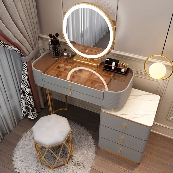Makeup Vanity Beige Ribbed Drawers Round Mirror Stone Look Top